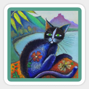 Island Cat Painting in the style of Gauguin Sticker